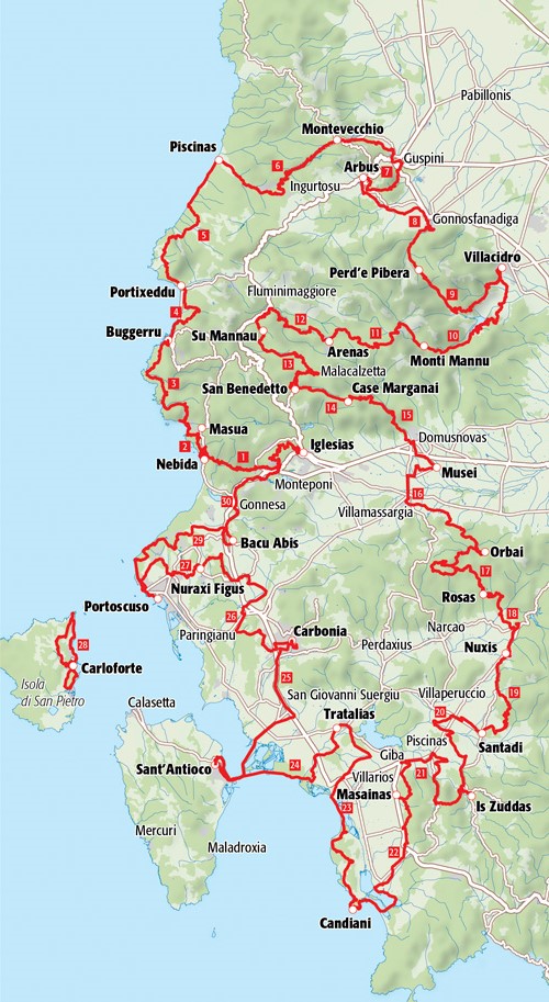 Mappa del Cammino di Santa Barbara nel Sulcis-Iglesiente